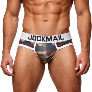 Jockmail XL (32-34) Mens Camo Briefs Green Camouflage Logo Waistband Underwear